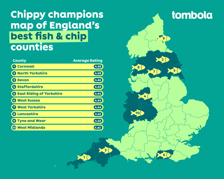 Chippy champions map of England's best fish & chips countries