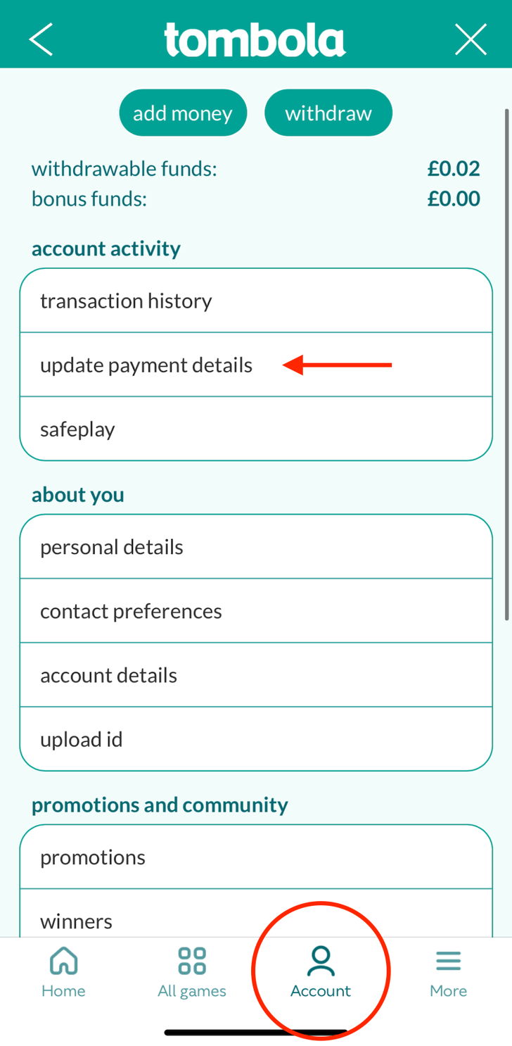 My account screen with account circled at the bottom